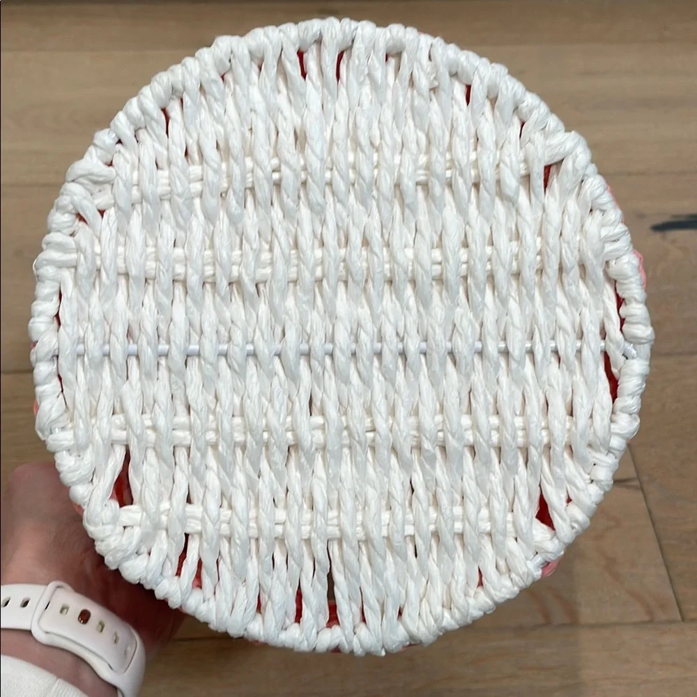 Pink and White Woven Round Decorative Basket with Handle Small Storage